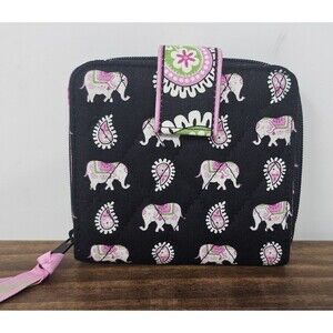 Vera Bradley Pink Elephants Bifold Snap Wallet Zip Coin Retired Breast Cancer